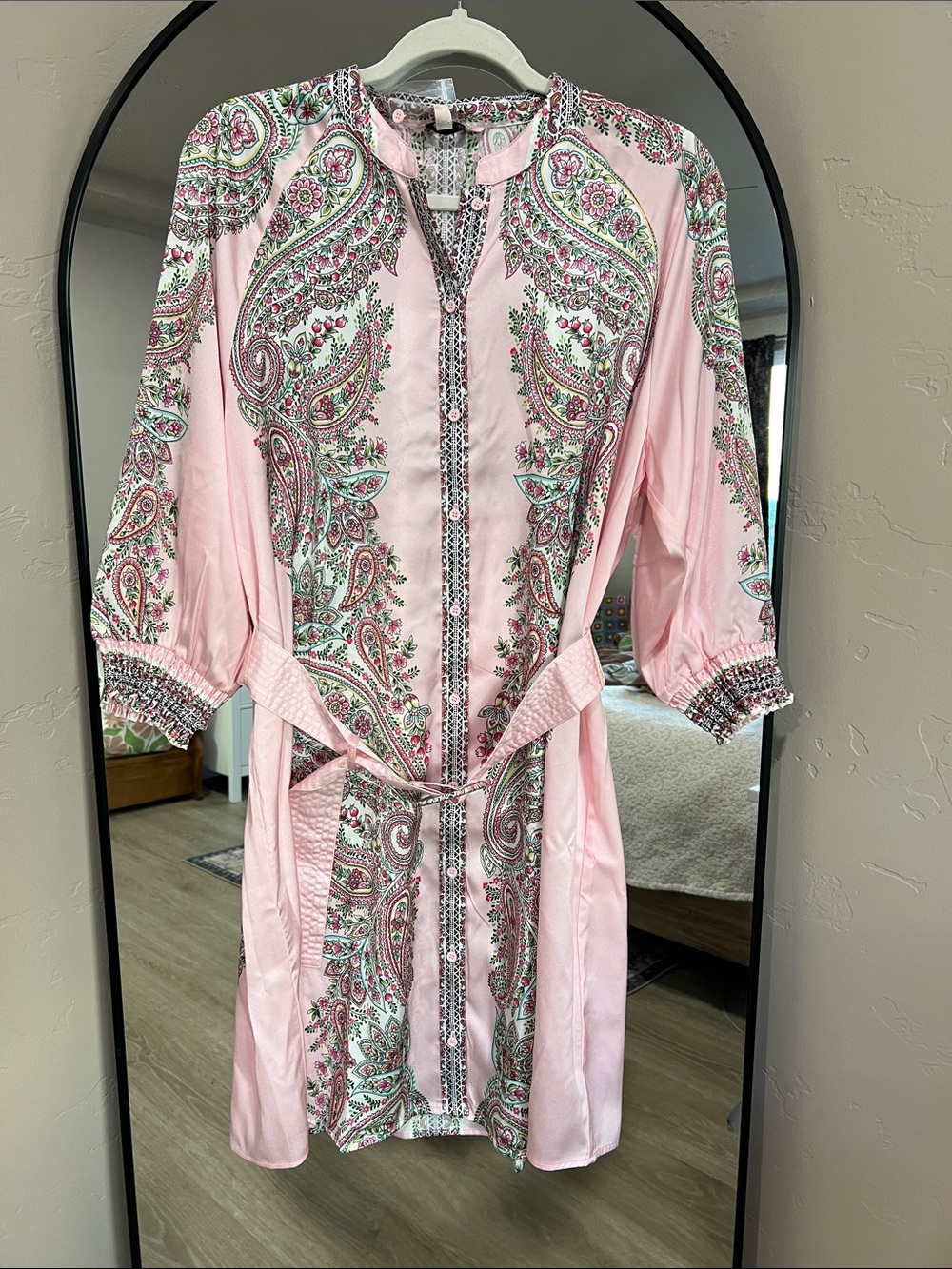 Nanette Lepore Pink Paisley Print Satin Dress W/ Belt.